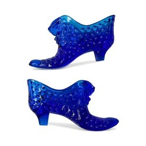 Fenton Hobnail Cobalt Blue Art Glass Slipper Cat Head Shoe Pair